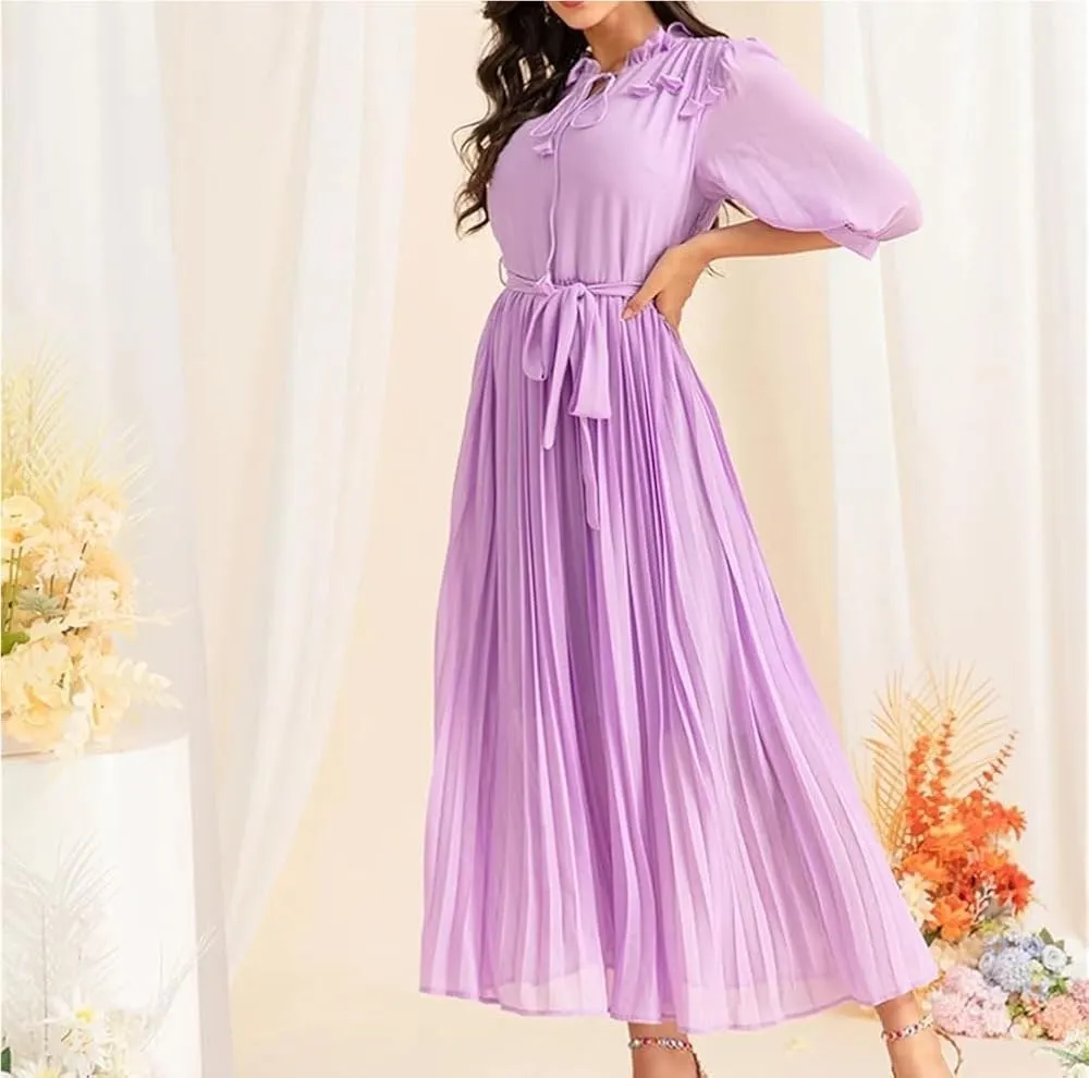 Women's Floral Chiffon Dress Lace Collar Mid Sleeve Big Swing Holiday Party Long Dress