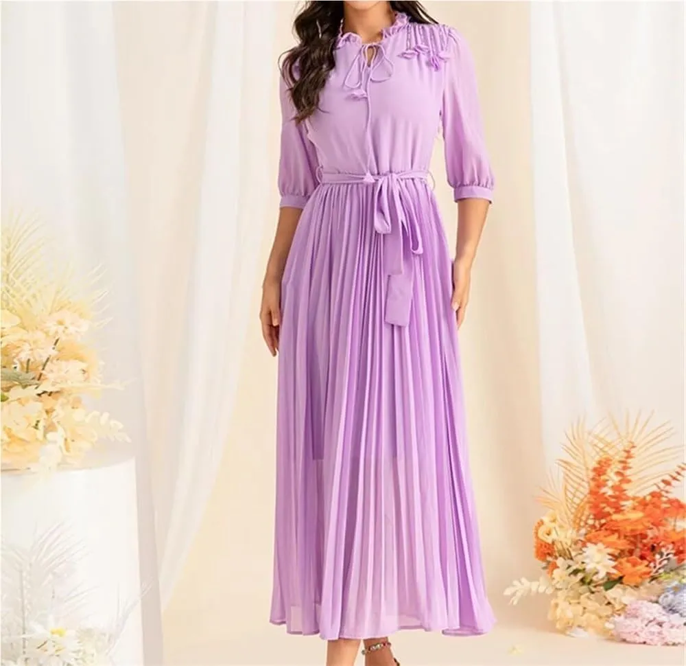 Women's Floral Chiffon Dress Lace Collar Mid Sleeve Big Swing Holiday Party Long Dress