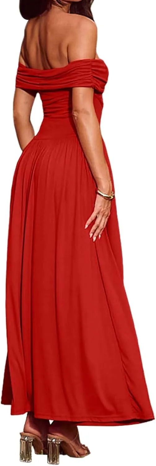 Women's Off The Shoulder Maxi Dress Bodycon Ruched Flowy Long Dresses Pleated Formal Dress