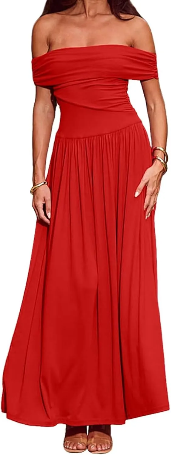 Women's Off The Shoulder Maxi Dress Bodycon Ruched Flowy Long Dresses Pleated Formal Dress