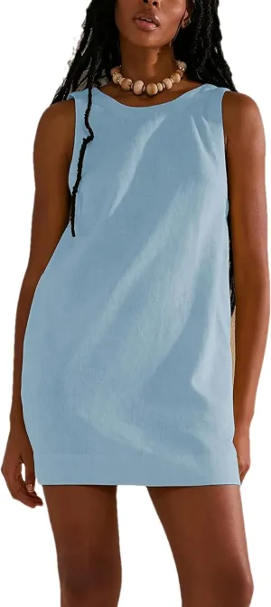 Womens Summer Open Back Sunshine Dresses 2024 Casual Beach Cotton Linen Mini Dress