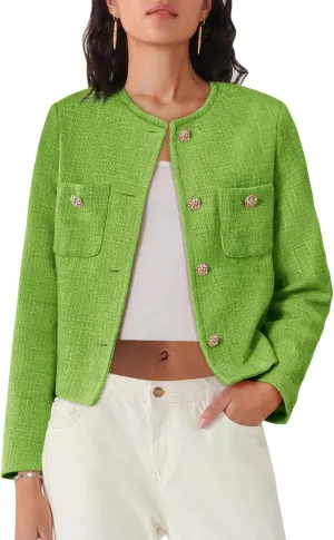 Women's Tweed Jackets Long Sleeve Business Button Down Casual Cropped Blazer with Pockets