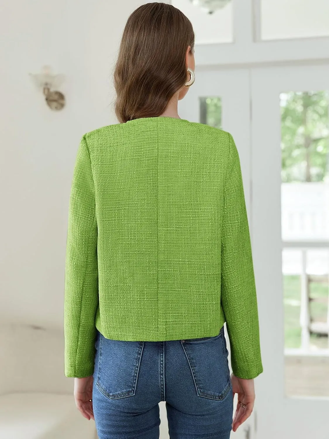 Women's Tweed Jackets Long Sleeve Business Button Down Casual Cropped Blazer with Pockets