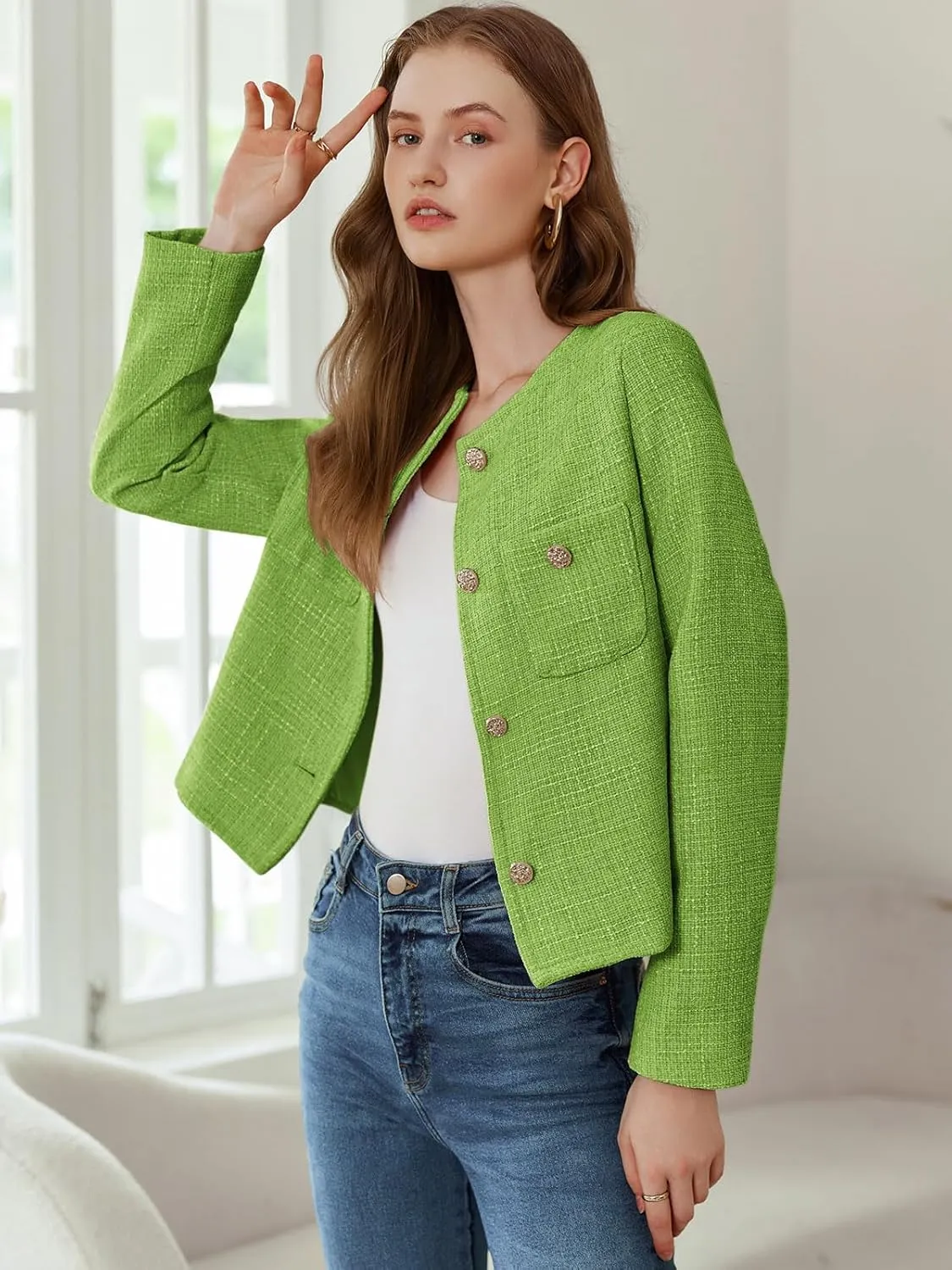 Women's Tweed Jackets Long Sleeve Business Button Down Casual Cropped Blazer with Pockets