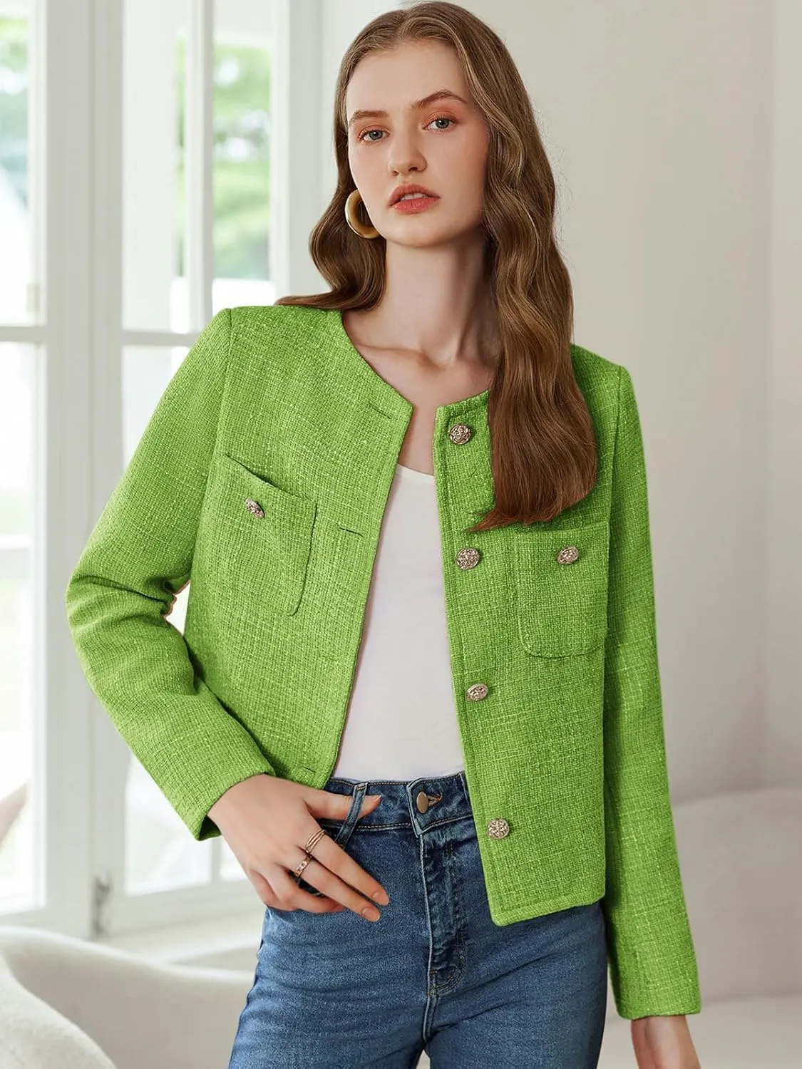Women's Tweed Jackets Long Sleeve Business Button Down Casual Cropped Blazer with Pockets