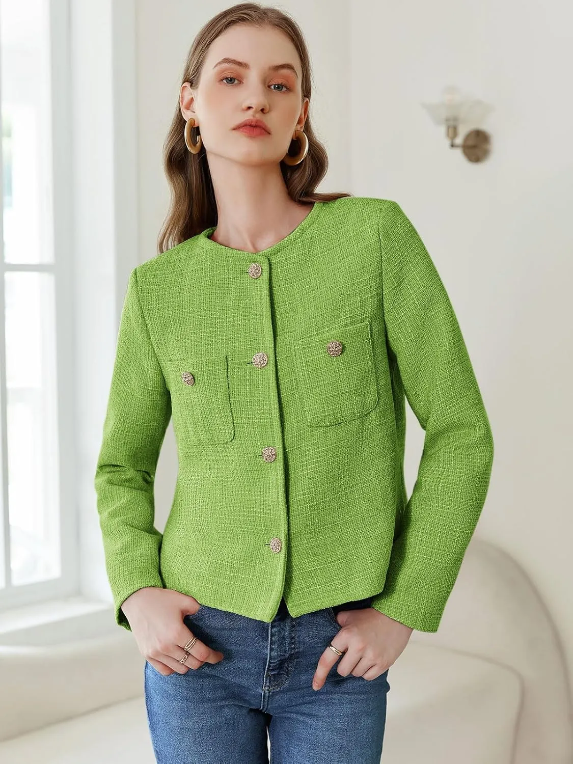 Women's Tweed Jackets Long Sleeve Business Button Down Casual Cropped Blazer with Pockets