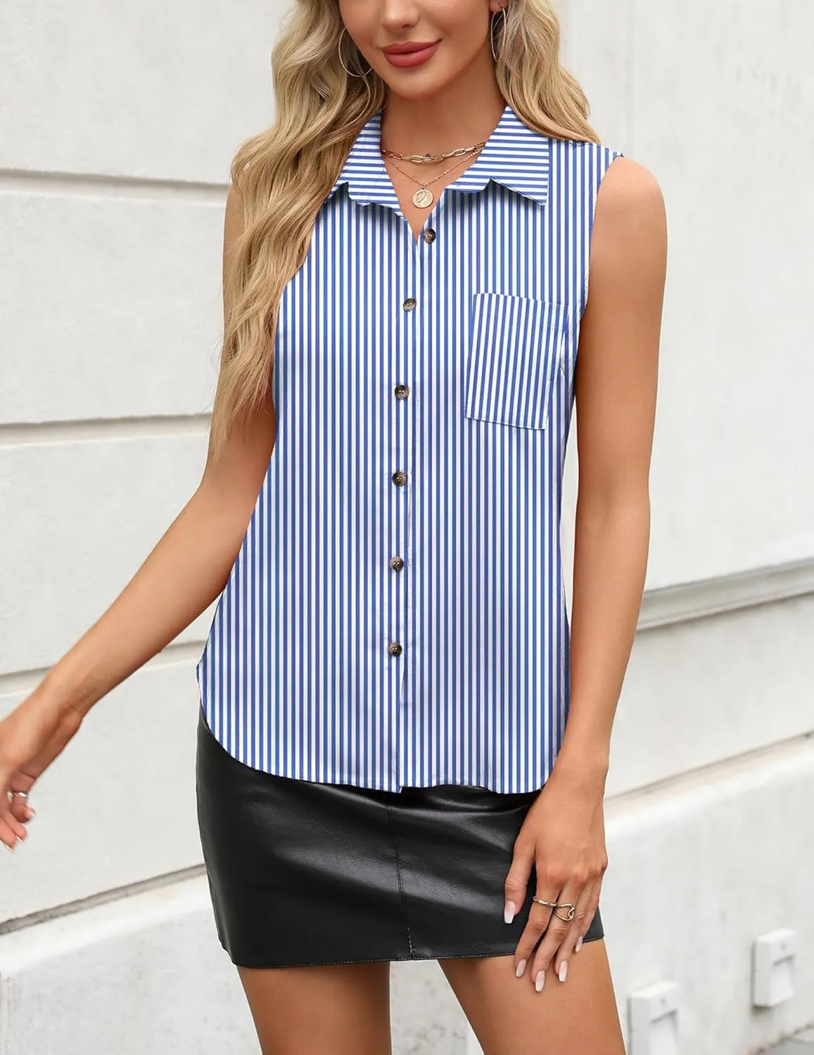 Zeagoo Womens Sleeveless Button Down Shirts V Neck Solid Tank Tops Basic Loose Blouses Casual Office Shirts