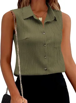 Zeagoo Womens Sleeveless Button Down Shirts V Neck Solid Tank Tops Basic Loose Blouses Casual Office Shirts