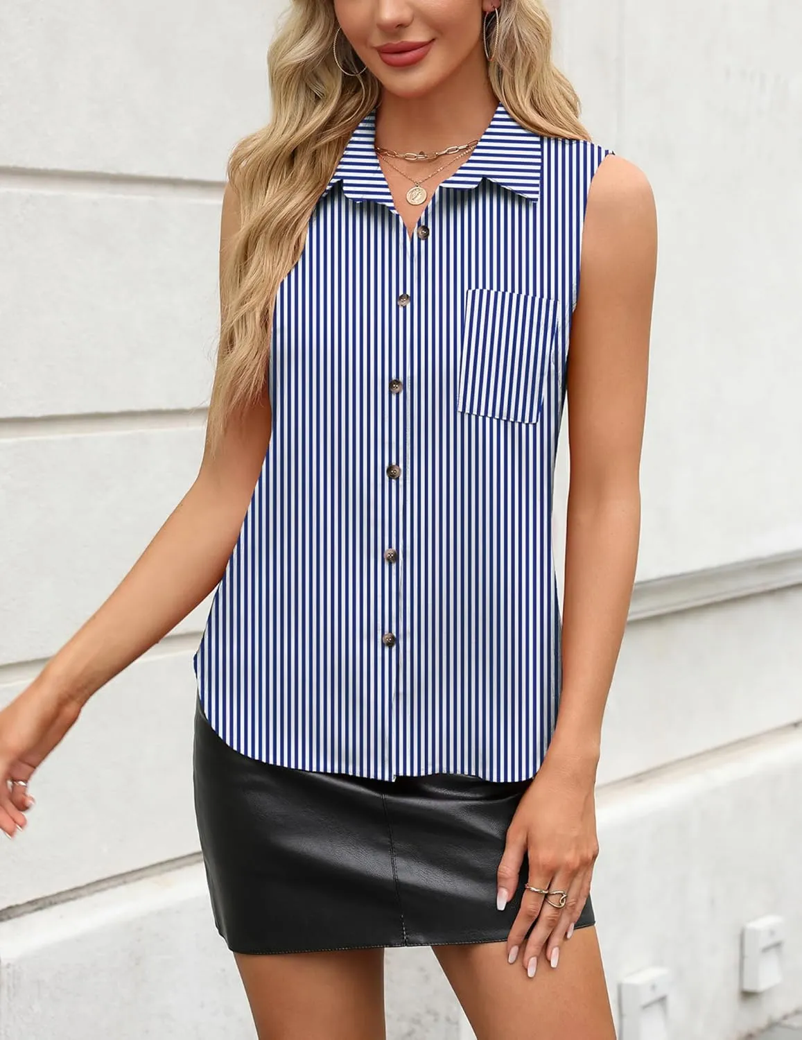 Zeagoo Womens Sleeveless Button Down Shirts V Neck Solid Tank Tops Basic Loose Blouses Casual Office Shirts